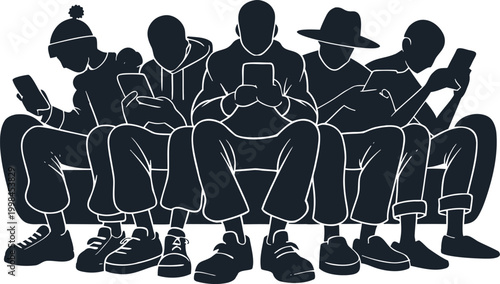 Five men focused on their smartphones while sitting on a couch, representing digital addiction and social detachment in modern life.