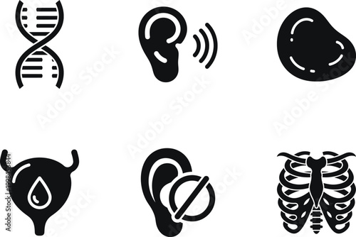 Set of medical icons including dna helix, hearing, spleen, bladder, hearing loss, and rib cage