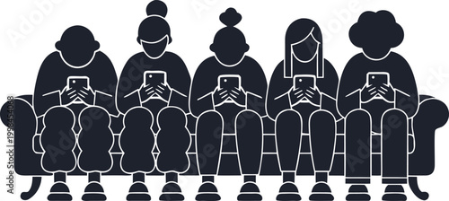 Five women engrossed in their smartphones while sitting on a couch, depicting modern digital dependence and social disconnection.