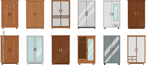 Wardrobe Vector Set Featuring Multiple Wooden And Metal Cabinet Designs With Mirrors And Glass Doors For Bedroom Storage Furniture Organization And Interior Graphic Designs