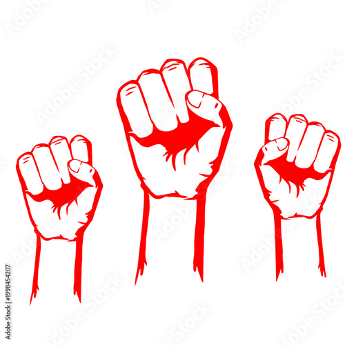 Three red raised fists symbolize solidarity and resistance ideal for activism and protest themes in design, marketing, and social media.
