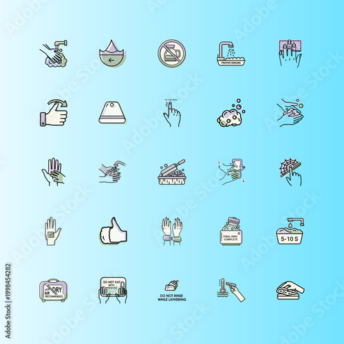 Hand Washing Instructions Vector Illustrations or Hygienic Handwashing Guide Icons