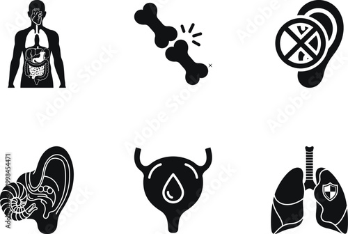 Set of medical and human anatomy icons including internal organs, broken bone, hearing loss, ear anatomy, urinary bladder, and healthy lungs