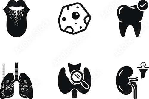 Set of medical and healthcare icons including tongue, virus, tooth, lungs, thyroid gland and kidney, vector illustration