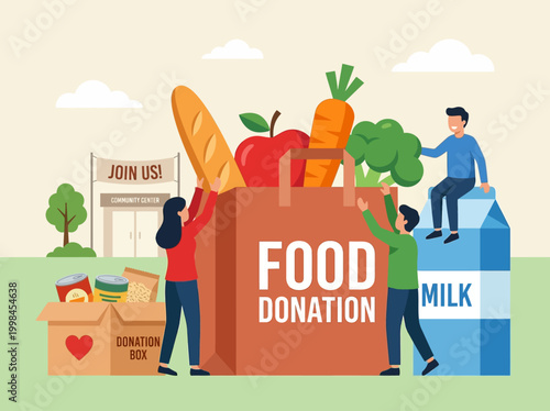 Community Food Donation Concept with Volunteers Packing Groceries for Charity and Hunger Relief - Vector Illustration
