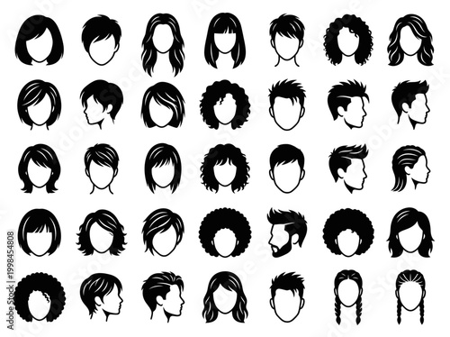Comprehensive Set of Hairstyle Icons for Men and Women, Featuring Various Hair Cuts, Textures, and Styles in Black Silhouette Vector Format