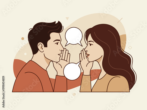 Flat Vector Illustration of a Man and Woman Whispering Secrets and Sharing Gossip with Speech Bubbles