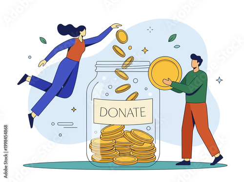 People Putting Gold Coins in Donation Jar Flat Vector Illustration