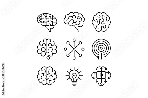 AI Brain Neural Network Line Icon Set Technology Vector
