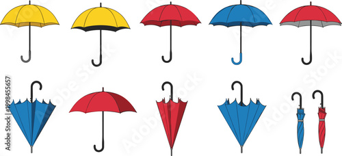 Selection of Various Colorful Umbrellas Including Open Folded and Closed Styles for Rainy Season Protection and Fashion Weather Accessories