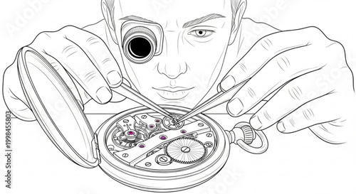 Watchmaker meticulously repairing pocket watch with tools and loupe line art watchmaker timepiece mechanic craftsman precision instrument maintenance restoration tweezers magnifying