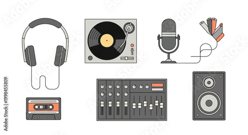 Audio equipment set flat design illustration with headphones, turntable, microphone, mixer, and