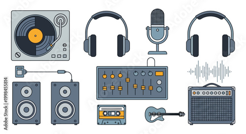Collection of retro music equipment and audio studio icons in flat design style