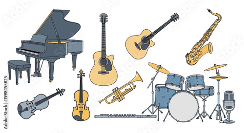 Collection of various musical instruments on white background