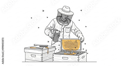 Beekeeper in protective suit inspecting honeycomb frame with bees and smoker beekeeper honeycomb agriculture production protective occupation industry wildlife illustration monochrome