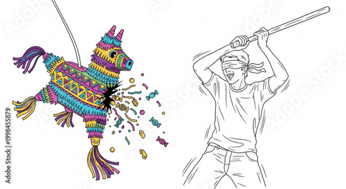 Birthday party pinata game with blindfolded person swinging stick birthday celebration tradition childhood colorful swinging blindfold teenager activity festival excitement surprise
