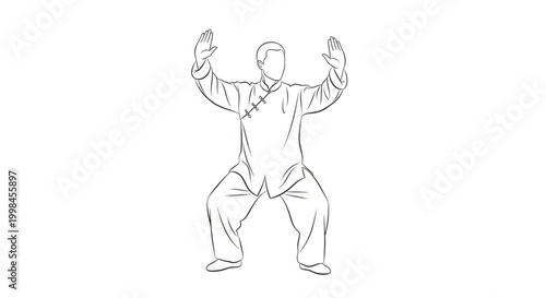 Man performing tai chi kung fu qigong exercise with kung fu martial arts line art exercise meditation wellness flexibility strength movement mindfulness discipline practice training