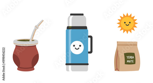 Yerba Mate Set with Thermos and Sun, Flat Lay Composition