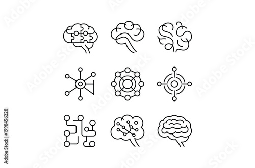 AI Brain Neural Network Line Icon Set Technology Vector