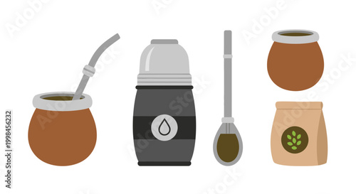 Yerba Mate Set Flat Lay with Gourd, Bombilla, Thermos, and Bag of Leaves