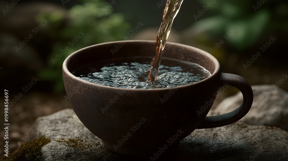 Fototapeta premium Fresh water pours into a dark ceramic cup resting on mossy stones set against a moody natural background