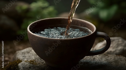 Fresh water pours into a dark ceramic cup resting on mossy stones set against a moody natural background