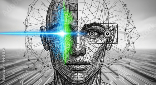 Futuristic Human Head with Digital Network and Laser Beam.