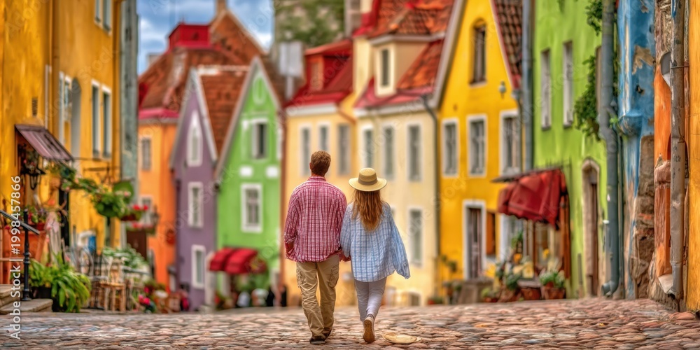 Obraz premium Romantic Couple Exploring Colorful Old Town Street | European Travel Lifestyle