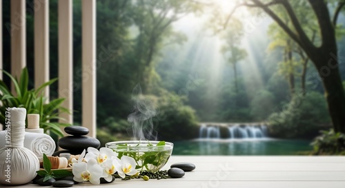 Serene Spa Oasis with Steaming Herbal Tea and Lush Forest Waterfall View.