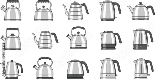 Selection of Stainless Steel Stovetop Kettles and Modern Electric Water Jugs Featuring Gooseneck Spouts and Ergonomic Handles for Kitchen Tea and Coffee Brewing
