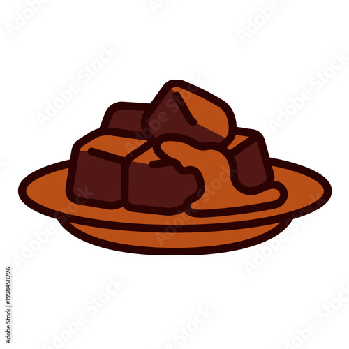 Decadent squares of rich dark chocolate drizzled with a warm caramel sauce, artfully arranged on a simple brown plate, evoking a sense of sweet indulgence and culinary delight