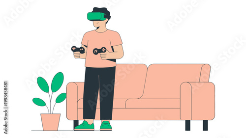 Person playing virtual reality game with controllers at home controllers domestic entertainment technology