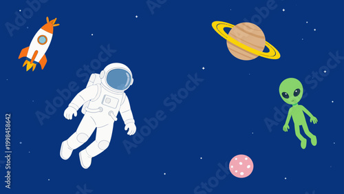 Astronaut alien rocket and planets in space