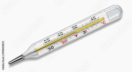 A close-up shot of a clinical thermometer resting horizontally in white background.