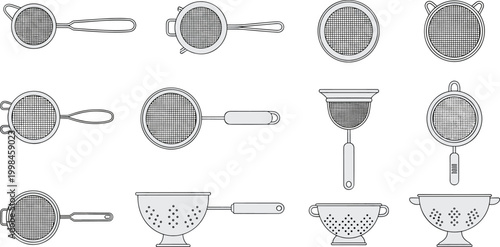 Selection of Metal Fine Mesh Strainers and Kitchen Colanders Featuring Various Handle Designs and Perforated Patterns for Food Preparation and Cooking Utility