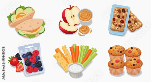 A colorful assortment of healthy snacks, including a sandwich, apple slices, granola bars, a mix of berries, veggie sticks, and muffins in white background.