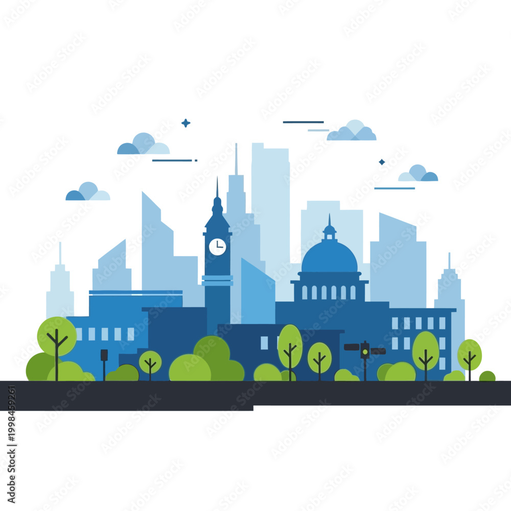 Fototapeta premium Modern Cityscape with Clock Tower and Dome, Blue Tones, Flat Design