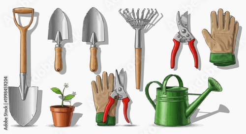 A collection of gardening tools, ready for use. A shovel, trowel, rake, pruner, gloves, plant, pot, and watering can are featured in white background.