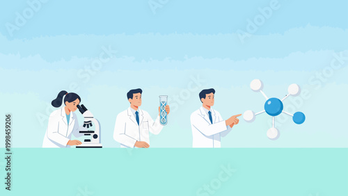 scientists in lab with microscope and molecule