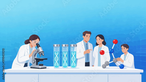 scientists in lab with dna and microscope