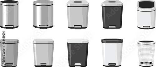 Vector Illustration Set of Various Trash Cans and Waste Bins Including Stainless Steel Pedal Bins and Plastic Garbage Cans Isolated on White