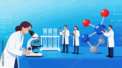Scientists in lab with microscope and DNA