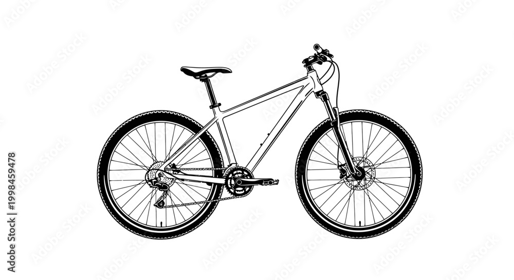 Fototapeta premium Black and white illustration of a modern mountain bicycle against white background