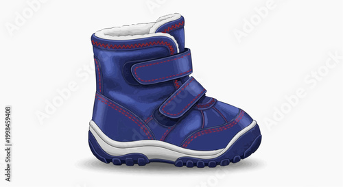 A cute blue winter boot for a child, ready for snow and cold weather in white background.