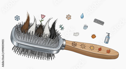 A grooming brush showing various season and hair type styles  in white background.