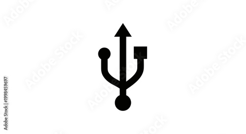 USB symbol icon, black on white background, technology connection concept