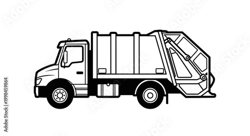 Black and white vector illustration of a garbage truck on white background