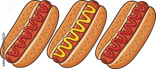 Hot Dog Set with Ketchup and Mustard Toppings in Bun Fast Food Street Snack Vector Illustration Collection Isolated on White Background