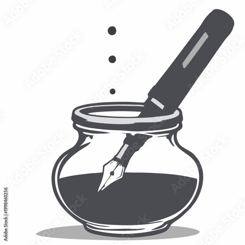 fountain pen dipping into glass inkwell with ink drops isolated