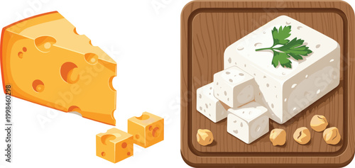 Cheese and Feta Set with Swiss Cheese Slice Cubes and Greek Feta on Wooden Board Healthy Dairy Food Vector Illustration